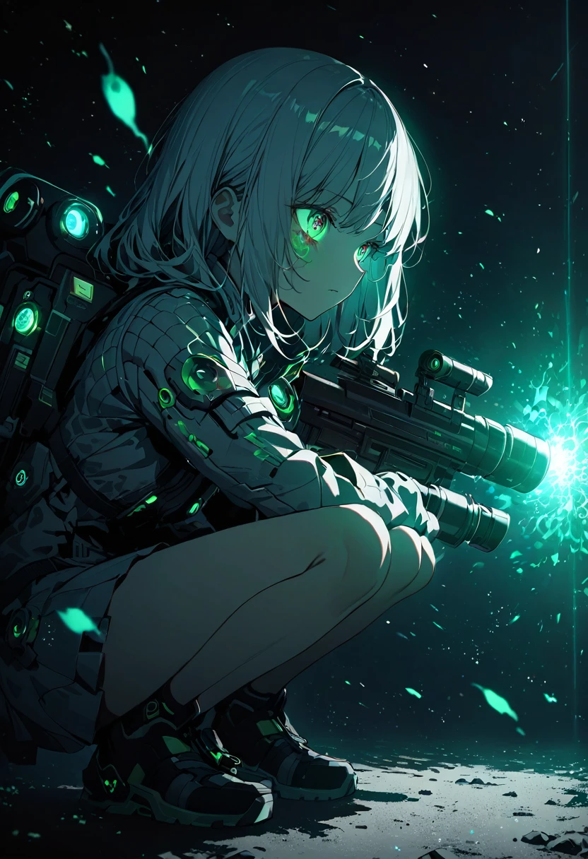 (granular:0.5), Cinematic,girl, space, Severe, Fine grain, Detailed face, Detailed futuristic clothing, Clothes lights, (Sight Gun:1.1), (Escondido:1.1), (Squat, Looking to the side:1.1), Volumetric lighting, isolation, Horror, Dim lighting, More about red bioluminescence, More about green bioluminescence, More about blue bioluminescence