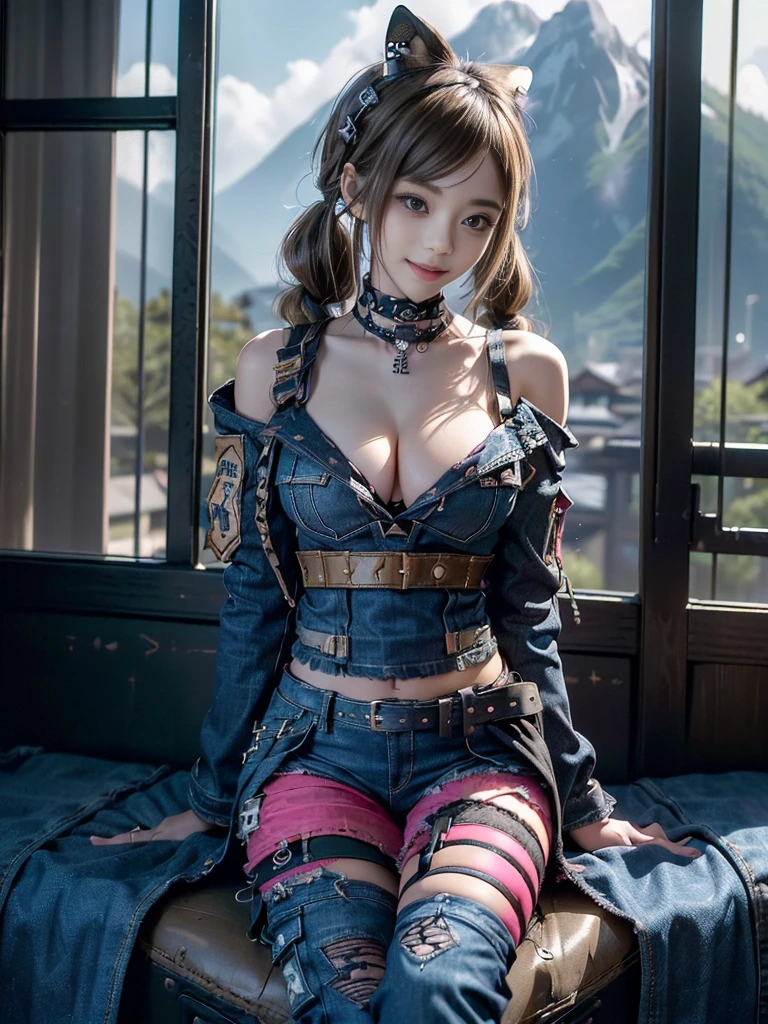 (Beautiful lips and nose:1.4)、(Long eyelashes:1.4)、(Smiling with teeth showing:1.3),(Shibuya Gal:1.5)、(Gothic Lolita delicately decorated dress:1.5)、(Tattered denim and black punk rock cargo pants:1.5)、(Denim and black navy skull mark small jacket:1.4)、(denim garter belt:1.5)、(Black and denim knee socks:1.3)、(Skull Silver Accessories:1.5)、(Denim collar:1.3)、(Brown Skin Belt:1.4)、(Brown boots:1.2)、(The underwear is striped:1.4)、31 years old、((Highest quality、In 8K、masterpiece:1.3))、Sharp focus:1.2、(Layered Cut、Huge boobs:1.1),Beautiful woman with perfect figure:1.4、(Dancing vigorously:1.3)、Slender Abs:1.2、Highly detailed face and skin texture、Detailed eyes、double eyelid,(Twin tails:1.3)、(Brown-golden hair:1.3)、Gravure idol、(The background is a vast mountain with a clear view々Beautiful luxury resort destination in Europe:1.3)、(Slim Body:1.2),(Make your legs thinner:1.4),(clavicle:1.1)