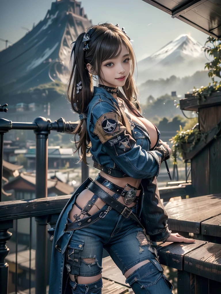 (Beautiful lips and nose:1.4)、(Long eyelashes:1.4)、(Smiling with teeth showing:1.3),(Shibuya Gal:1.5)、(Gothic Lolita delicately decorated dress:1.5)、(Tattered denim and black punk rock cargo pants:1.5)、(Denim and black navy skull mark small jacket:1.4)、(denim garter belt:1.5)、(Black and denim knee socks:1.3)、(Skull Silver Accessories:1.5)、(Denim collar:1.3)、(Brown Skin Belt:1.4)、(Brown boots:1.2)、(The underwear is striped:1.4)、31 years old、((Highest quality、In 8K、masterpiece:1.3))、Sharp focus:1.2、(Layered Cut、Huge boobs:1.1),Beautiful woman with perfect figure:1.4、(Dancing vigorously:1.3)、Slender Abs:1.2、Highly detailed face and skin texture、Detailed eyes、double eyelid,(Twin tails:1.3)、(Brown-golden hair:1.3)、Gravure idol、(The background is a vast mountain with a clear view々Beautiful luxury resort destination in Europe:1.3)、(Slim Body:1.2),(Make your legs thinner:1.4),(clavicle:1.1)