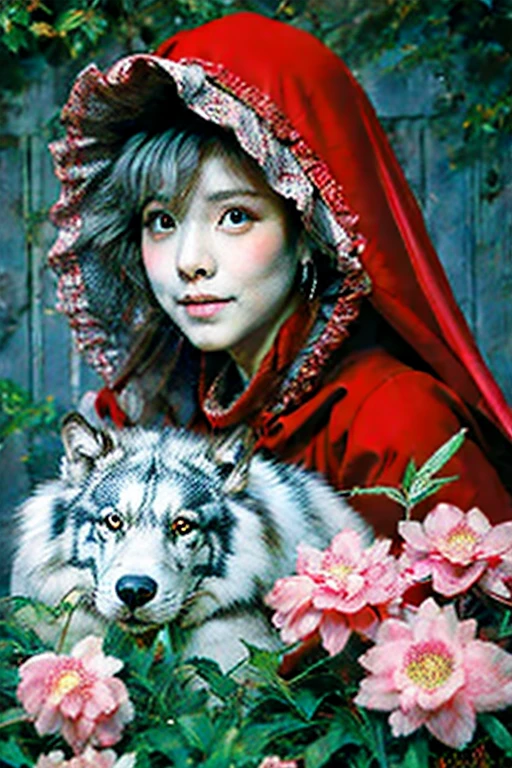 Little Red Riding Hood walks hand in hand with a gray wolf and holds flowers