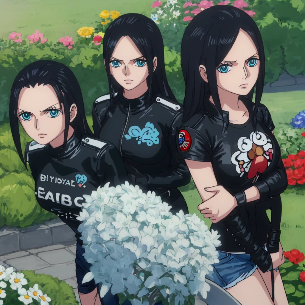 ((best quality)), ((masterpiece)), (detailed) perfect face , blue eyes , black hairs nico robin , medium breasts , wearing black leather jacket over white printed t-shirt and blue jeans , in garden , arms cuffed behind back , standing still