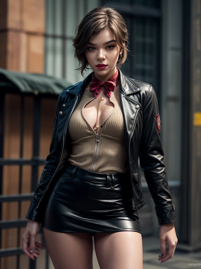 (absurdres, highres, ultra detailed), masterpiece, arafed woman as ada wong (resident evil), ((solo)), long hair, 1girl, skirt suit, tuxedo, black jacket, waistcoat, black bowtie, bodycon skirt, black clothing, miniskirt, closed mouth, standing, (((detailed lips))), ((realistic skin)), glowing skin, ((glossy red lips)), portrait, beautiful, normal skin, (brown eyes:1.13)