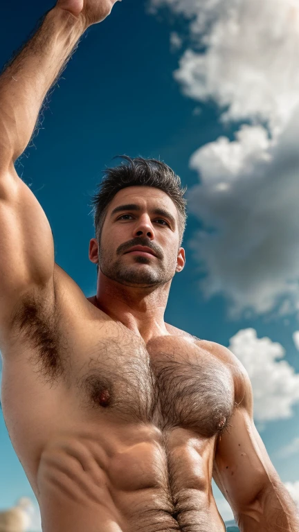masterpiece, best quality, high resolution, full body portrait, male focus, solo focus, A man strong musculine hunk, 40 years old, grey hair, in speedo, grey silver hair, messy hairstyle, cute and seductive face, bare chest, body hair, facial hair, roman nose, very skinny body, hairy legs, cute, dimples, goatee and mustache, bold jawline , sweaty, in the background a beach on a cloudy day, view from below, amazing composition, front view, HDR, ultra quality, elegant, highly detailed, full body top to bottom view