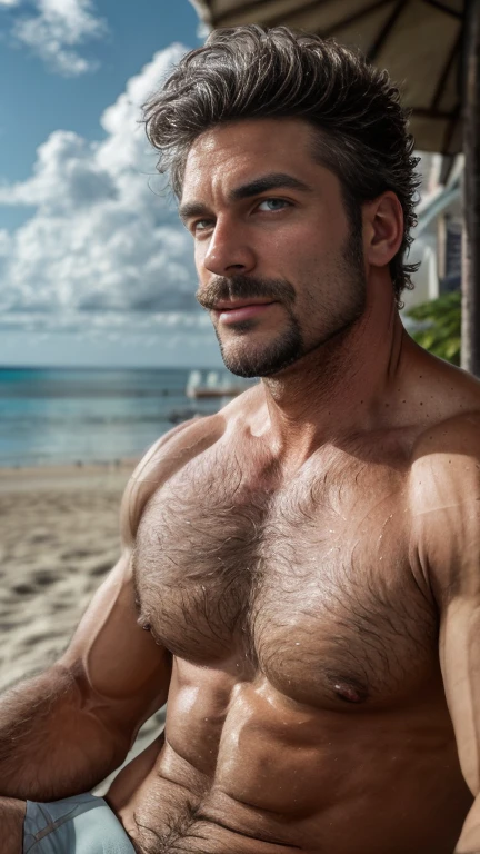 masterpiece, best quality, high resolution, full body portrait, male focus, solo focus, A man strong musculine hunk, 40 years old, grey hair, in speedo, grey silver hair, messy hairstyle, cute and seductive face, bare chest, body hair, facial hair, roman nose, very skinny body, hairy legs, cute, dimples, goatee and mustache, bold jawline , sweaty, in the background a beach on a cloudy day,  view from below, amazing composition, front view, HDR, ultra quality, elegant, highly detailed, full body top to bottom view