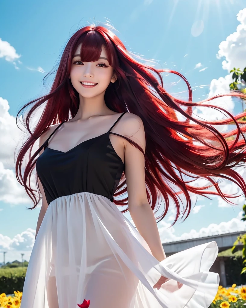 (Highest quality, 32k, High resolution, Masterpiece:1.5, ), god々It has a brilliant and healing power., Evoking a sense of calm and elusive beauty, Expressing emotions, Have a rich imagination, Beautiful Japanese Girls, An exceptionally beautiful face, Small Face Beauty, Perfect Human Anatomy, Magical big eyes, Motherhood and generosity, Deep Love, A big smile, ((Shiny crimson hair:1.4)), Super long straight silk hair swaying in the wind, Asymmetrical bangs, Hair between the eyes, Transparent, soft white skin, Sharp eyebrows, Thin lashes, Natural Makeup, Cheek highlighter, Detailed and cute lips, Perfect and beautiful teeth, (Black dress:1.5), Slim figure with ample breasts, ((Beautifully detailed skies:1.2)), ((Vibrant petal effect:1.2)), god秘的