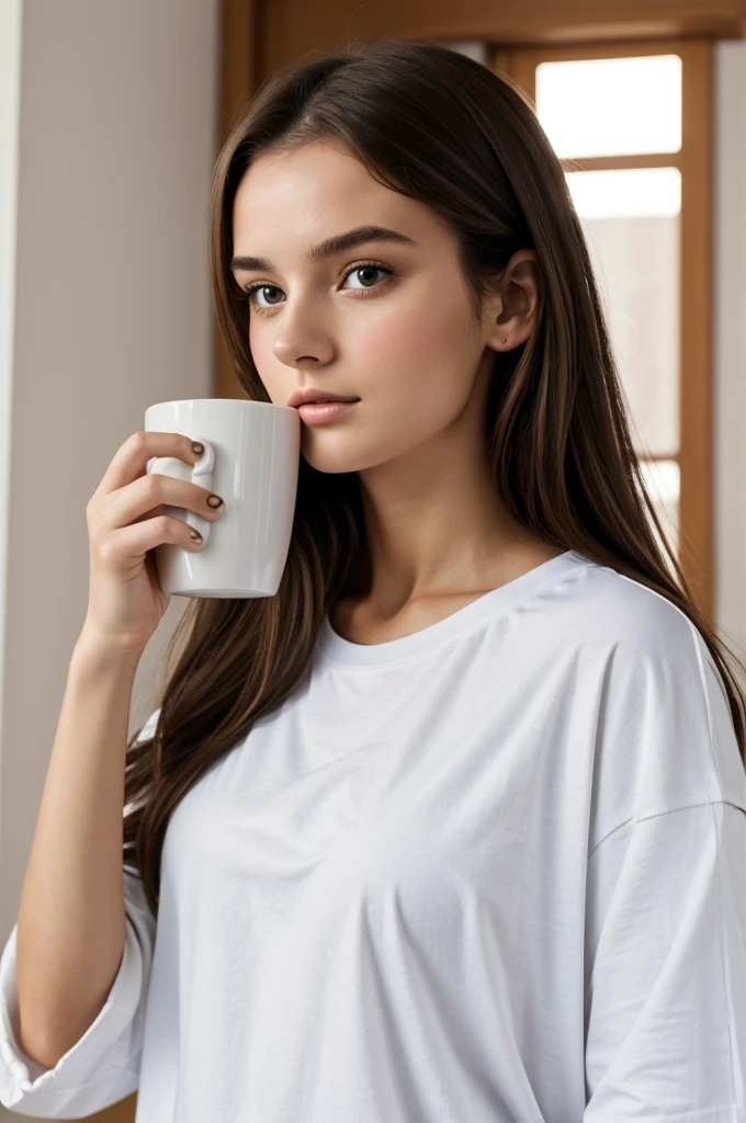 ((Best quality)), ((masterpiece)), (detailed), 1 girl 20 years old, in a white oversized T-shirt, brunette, with a mug of coffee 