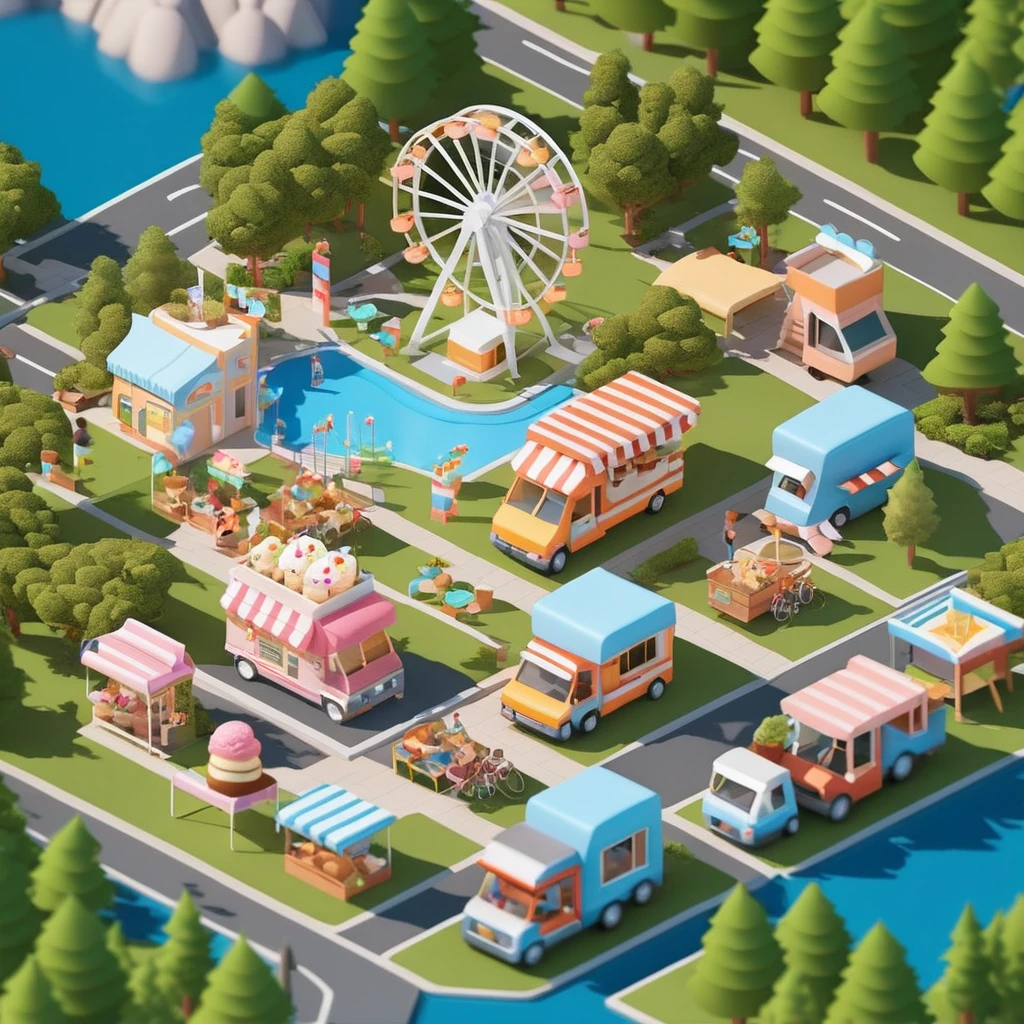 Lovely amusement park，Ferris wheel，Ice cream truck，Camping and tents，Isometric Art, 3D Isometric, Isometric pixel art，Simple background，Xiaofangzi,