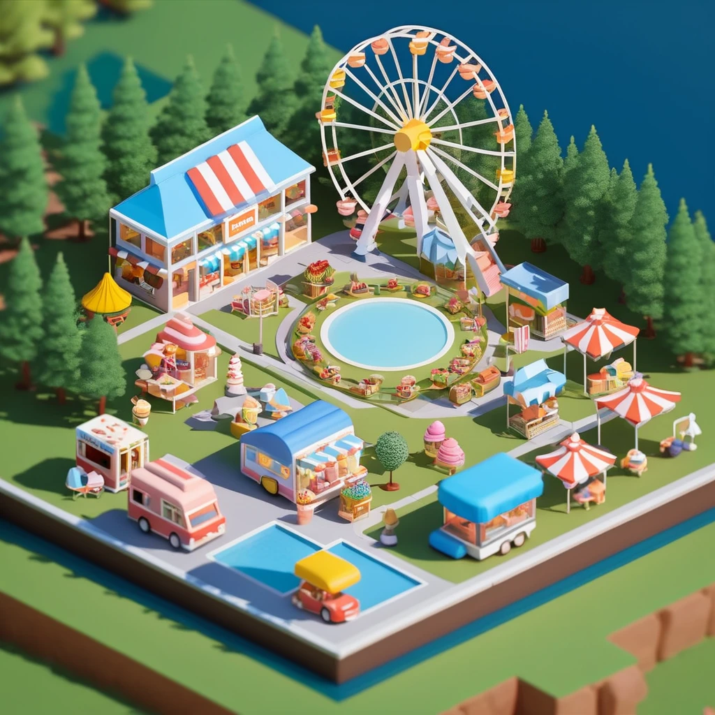 Lovely amusement park，Ferris wheel，Ice cream truck，Camping and tents，Isometric Art, 3D Isometric, Isometric pixel art，Simple background，Xiaofangzi,