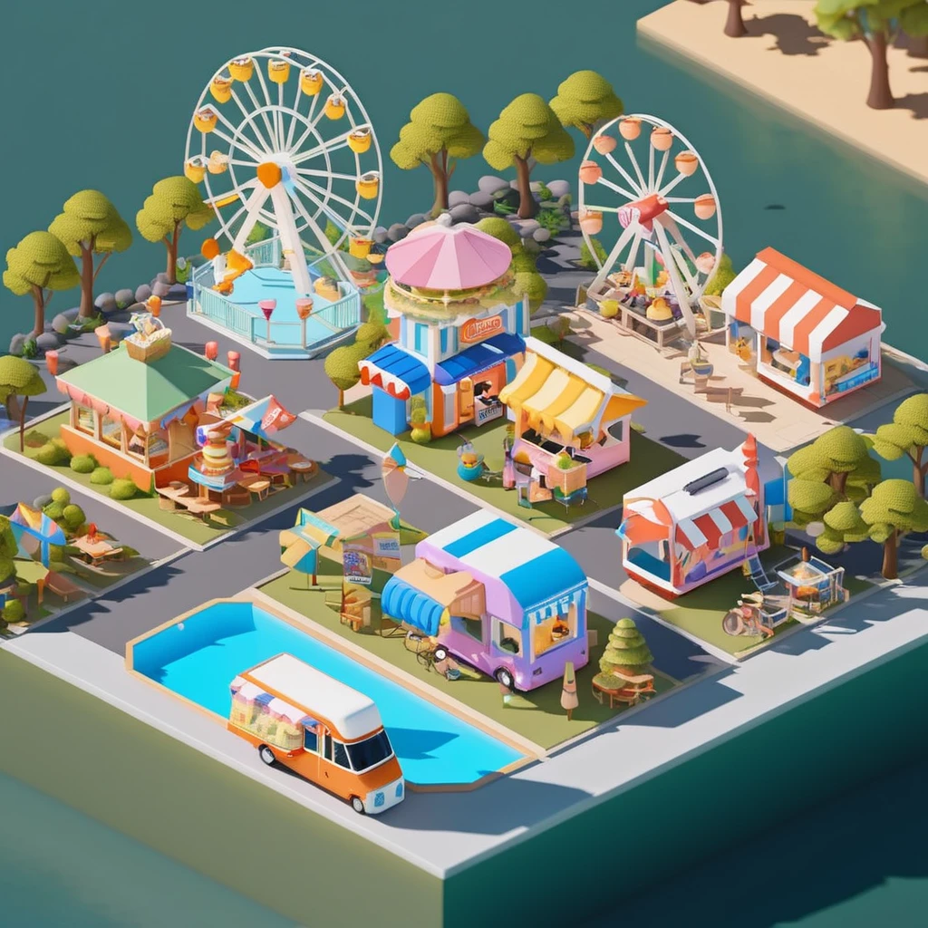 Lovely amusement park，Ferris wheel，Ice cream truck，Camping and tents，Isometric Art, 3D Isometric, Isometric pixel art，Simple background，Xiaofangzi,