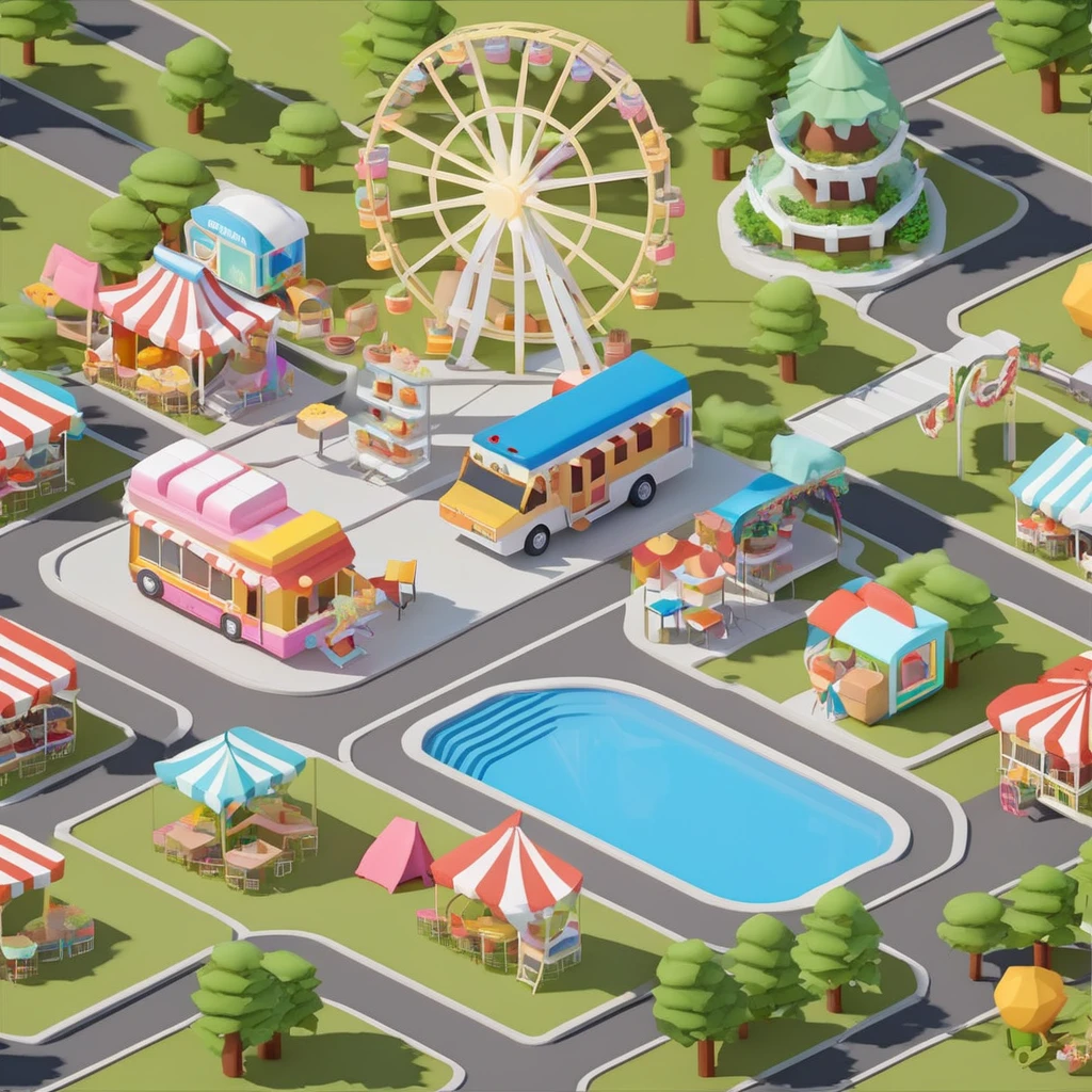 Lovely amusement park，Ferris wheel，Ice cream truck，Camping and tents，Isometric Art, 3D Isometric, Isometric pixel art，Simple background，Xiaofangzi,