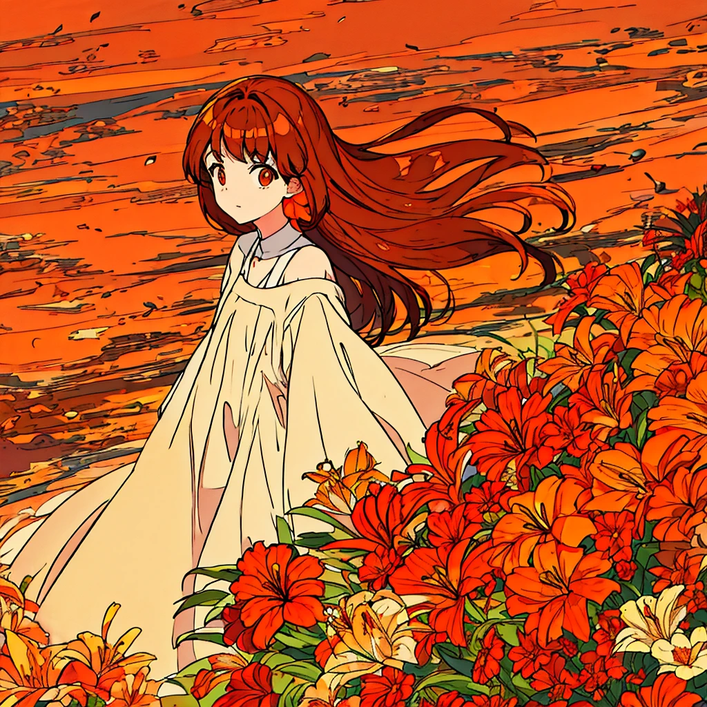 Orange plain background, lily flower, woman in white dress, brown hair, summer, nostalgic, simple