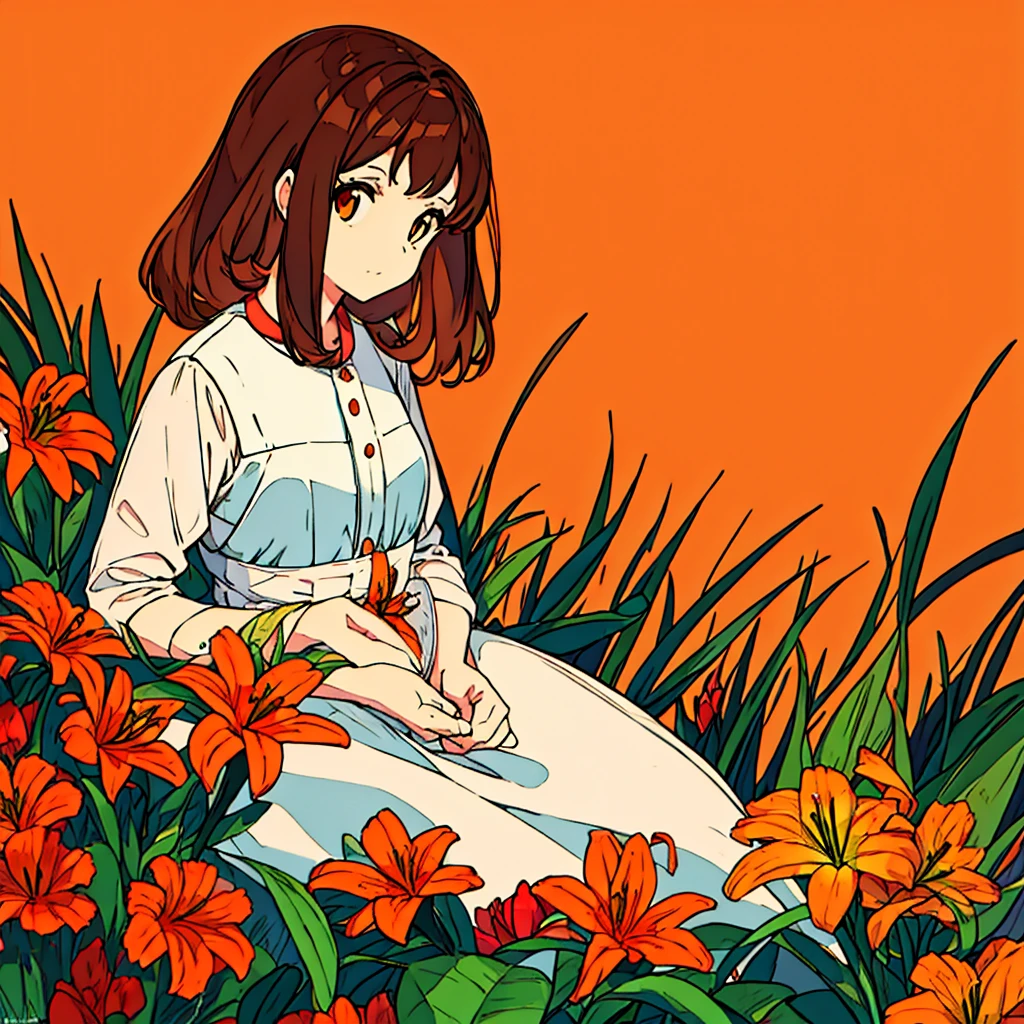 Orange plain background, lily flower, woman in white dress, brown hair, summer, nostalgic, simple