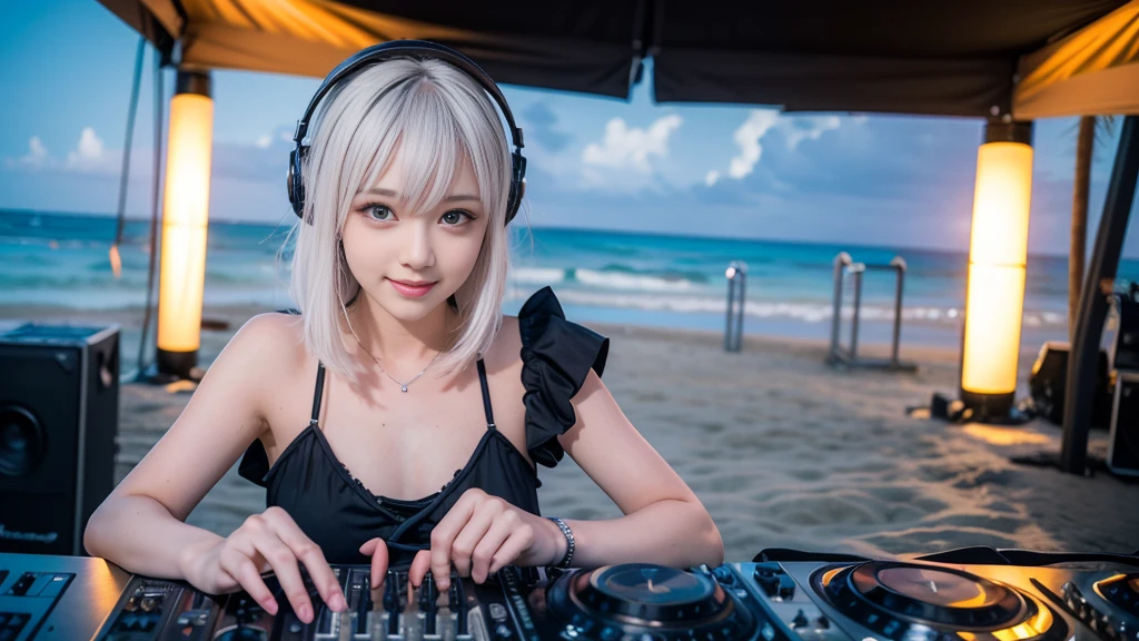 (ultra - detailed, 16K resolution, Cinema lenses, rendering by octane), (high resolution:1.18), intricate detail, (masterpiece:1.1), (highest quality:1.1), (1girl, portrait, white hair, blue eyes, short hair, detailed eyes),Wearing silver DJ headphones, sequined T-shirt, (in the beach:1.5), (Iconic hip-hop pop costumes:1.3), Smile while DJing on stage, DJ studio next to the beach, ((A stylish DJ stage on a hill overlooking the beach)), full body shot, Photorealistic photography by Sunshine, (cute round face:1.3), perfect fingers, five fingers, beautiful hands, perfect hands. master peace, cute smile, Fixhand.