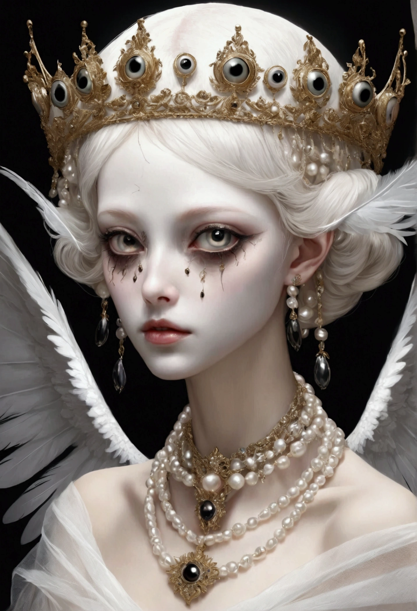 (masterpiece, best quality:1.2),Grotesque Aesthetics:1.56， Ugly faceless person，There are many eyeballs growing on the skin of the face，teeth， Solitary，black background，crown，veil，hand，Pearl Necklace，Feather wings