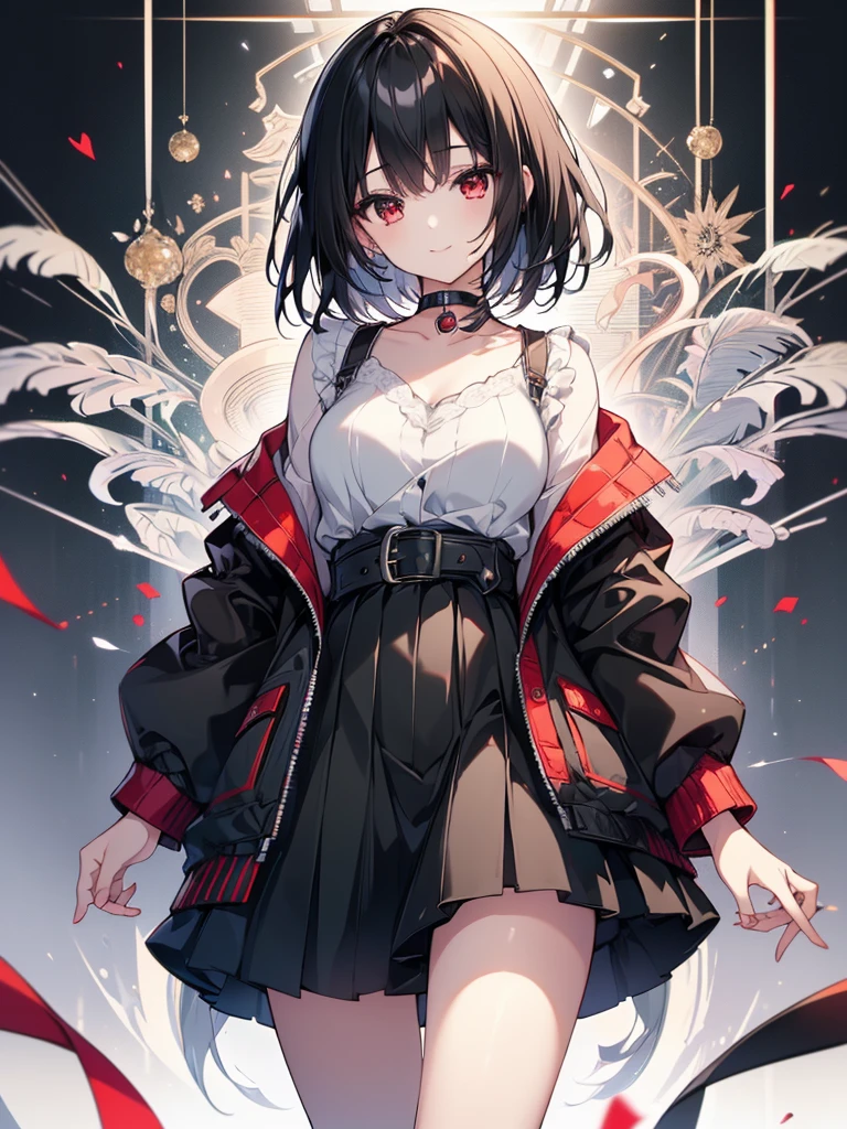 (masterpiece, highest quality, highest quality, (No text), Beautiful and aesthetic:1.2),No text,アニメ、BREAK,One Girl,Black Hair Girl short hair older sister choker Beautiful eyes Red eyes cool smile Red and Black Black jacket mini skirt whole body In town