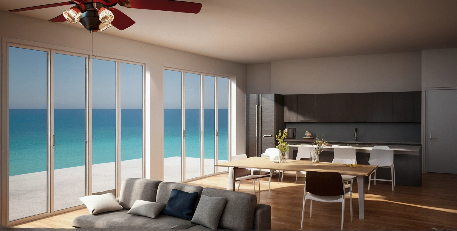 a rendering of a living room with a couch, table, and fan, 3 d rendering, 3d rendering, detailed rendering, 2 d render, comprehensive 2 d render, detailed 3d render, with 3 d render, detailed 3 d render, with 3d render, cg rendering, high detail 3 d render, very detailed render, wide establishing shot, 3 d renders