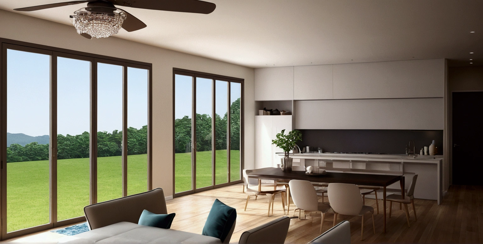 a rendering of a living room with a couch, table, and fan, 3 d rendering, 3d rendering, detailed rendering, 2 d render, comprehensive 2 d render, detailed 3d render, with 3 d render, detailed 3 d render, with 3d render, cg rendering, high detail 3 d render, very detailed render, wide establishing shot, 3 d renders