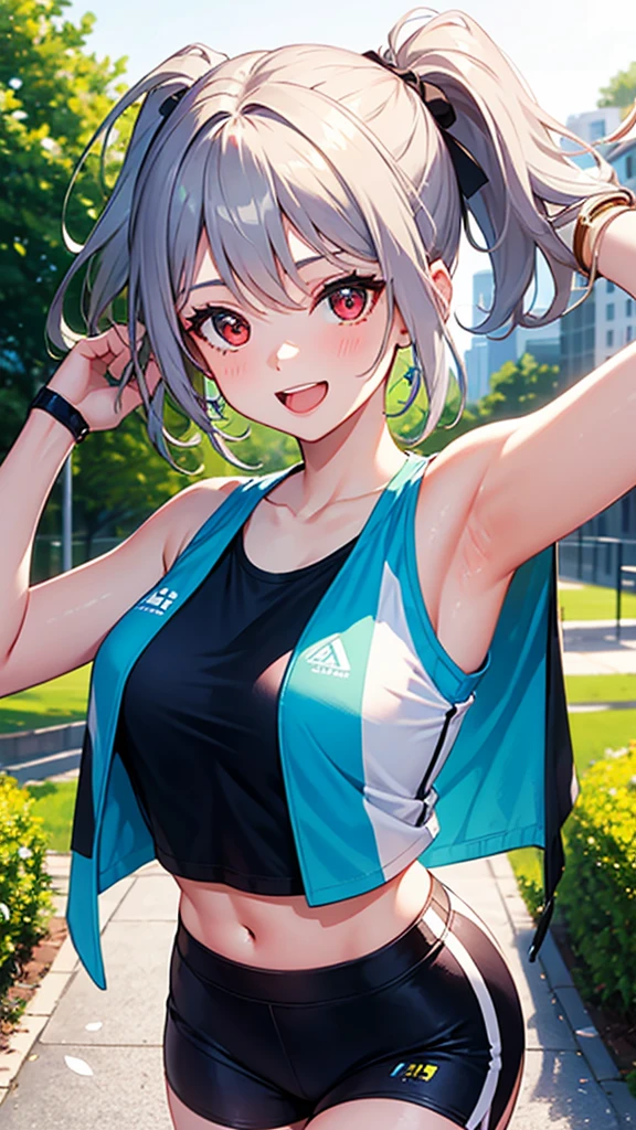 Create an image of a 15-year-old girl with wine-red eyes and silver hair styled in a ponytail. She has an energetic and joyful expression, as if she is hugging the viewer from the front. She is wearing a sporty outfit consisting of a sleeveless tank top and shorts, with a sweatband on her wrist. The background is a sunny park with lush green trees and a clear blue sky, giving a vibrant and lively atmosphere. Ensure the image captures her playful and active nature, with high-quality and very detailed elements.