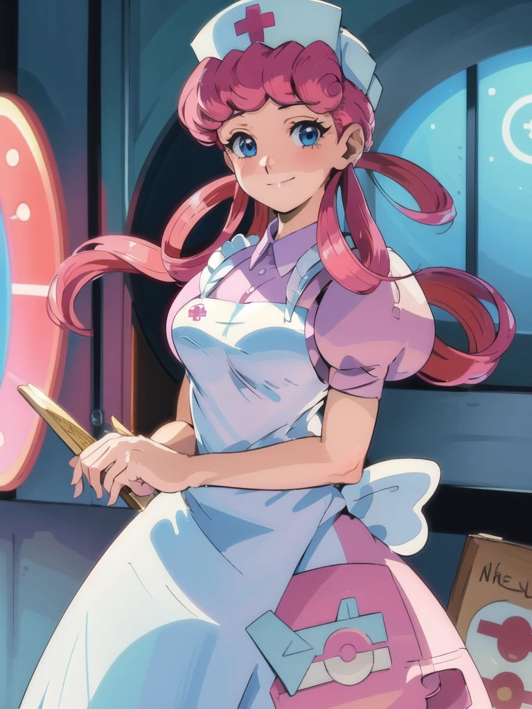 (masterpiece, best quality:1.2), nurse joy, pokemon, blue eyes, closed mouth, long hair, pink hair, short sleeves, nurse, blush, holding, puffy short sleeves, large breasts, puffy sleeves, nurse cap, 1girl, looking at viewer, smile, solo, hat, dress, apron, hair rings, clipboard