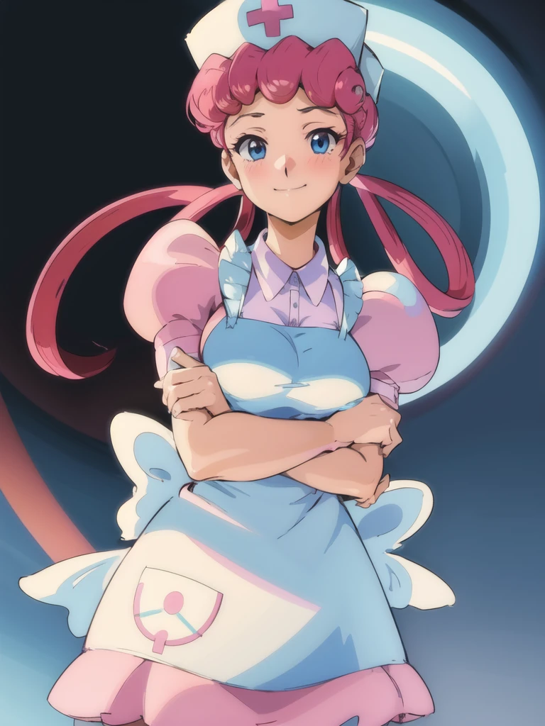 (masterpiece, best quality:1.2), nurse joy, pokemon, blue eyes, closed mouth, long hair, pink hair, short sleeves, nurse, blush, holding, puffy short sleeves, large breasts, puffy sleeves, nurse cap, 1girl, looking at viewer, smile, solo, hat, dress, apron, hair rings, clipboard