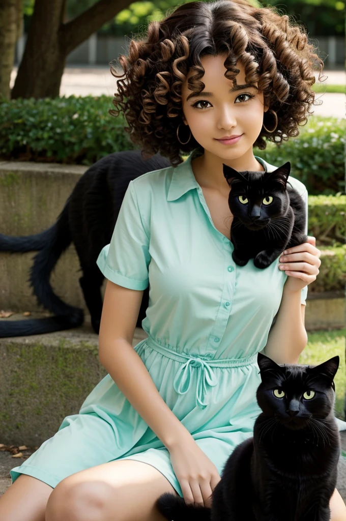 Anime image of a curly hair woman with a black cat