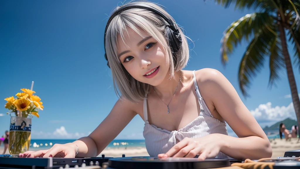 (ultra - detailed, 16K resolution, Cinema lenses, rendering by octane), (high resolution:1.18), intricate detail, (masterpiece:1.1), (highest quality:1.1), (1girl, portrait, white hair, blue eyes, short hair, detailed eyes),Wearing silver DJ headphones, sequined T-shirt, (in the beach:1.5), (Iconic hip-hop pop costumes:1.3), Smile while DJing on stage, DJ studio next to the beach, ((A stylish DJ stage on a hill overlooking the beach)), full body shot, Photorealistic photography by Sunshine, (cute round face:1.3), perfect fingers, five fingers, beautiful hands, perfect hands. master peace, cute smile, Fixhand.