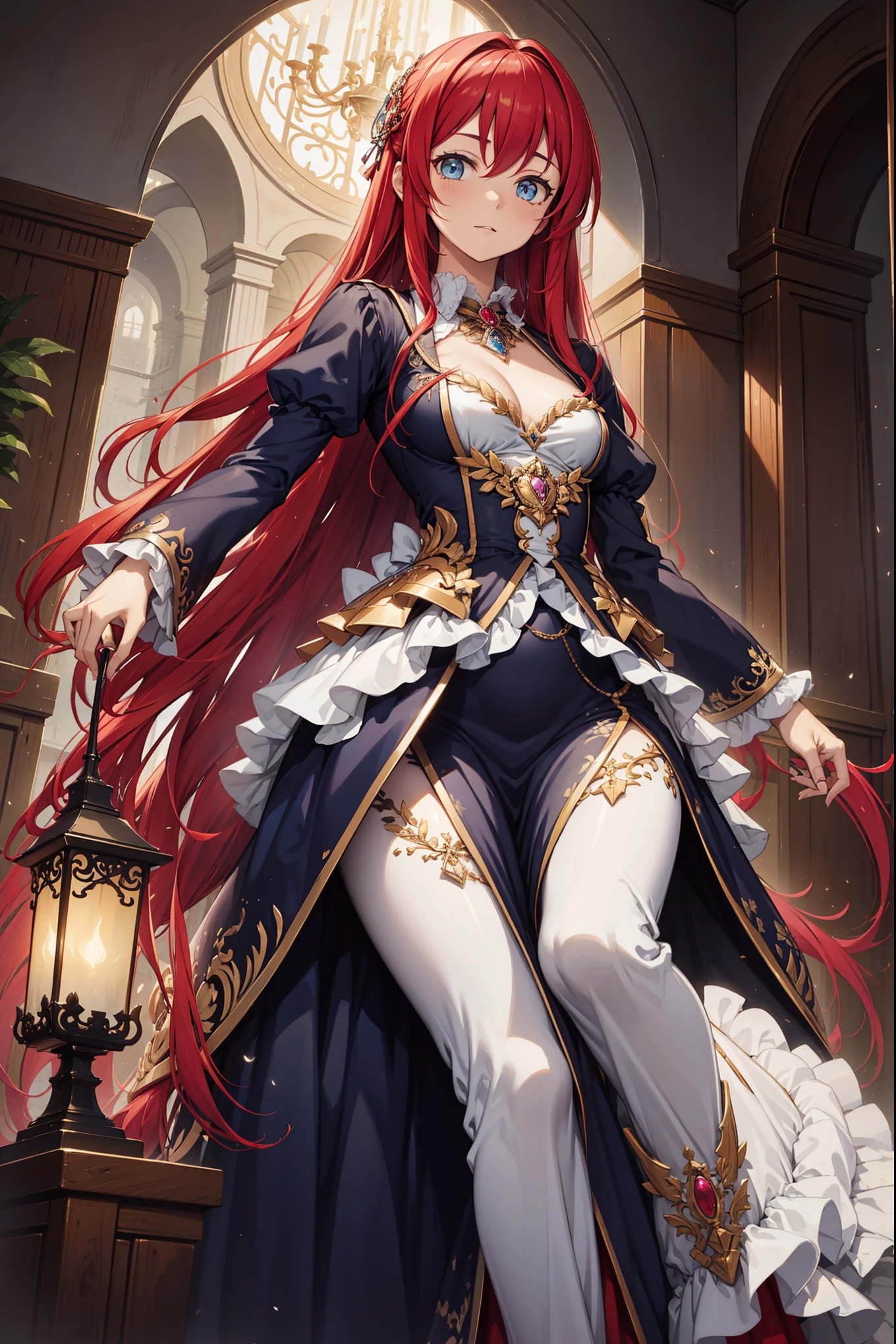 (best quality,4K,8K,high resolution,masterpiece:1.2),Extremely detailed,,,magic,enchanting,joy,Holy Goddess,magical effect,Red curly hair,blue eyes,Black translucent dress,Beautiful decoration,Features of the magical costumes of the heavens,A small amount of purple fabric,Exquisite clothing,Layered Skirt,detailed lace,Delicate ruffles,bedroom,Solitary,night,Lace pantyhose,Sacred stripes,Transparent clothing,jewel embellishment