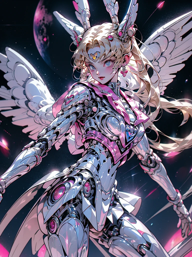 1 mechanical girl: 1.4, Sailor Moon, white mechanical arm, humanoid body, pink sailor suit, good-looking face, sailor Moon, moon hare, rabbit ears, mechanical ears, white blouse, blonde hair, mechanical arm, pink skirt, side, heart-shaped robot in the background, sci-fi background, complex background, hair glowing hair, forehead hair light, moon, panorama, mechanical wings, large wings in the background