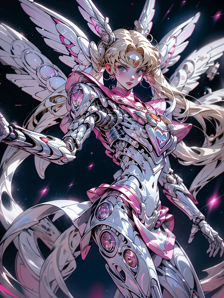 1 mechanical girl: 1.4, Sailor Moon, white mechanical arm, humanoid body, pink sailor suit, good-looking face, sailor Moon, moon hare, rabbit ears, mechanical ears, white blouse, blonde hair, mechanical arm, pink skirt, side, heart-shaped robot in the background, sci-fi background, complex background, hair glowing hair, forehead hair light, moon, panorama, mechanical wings, large wings in the background