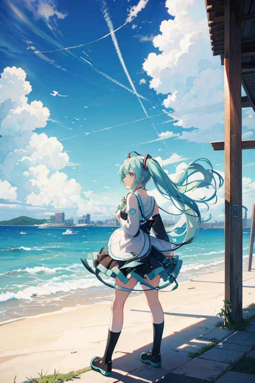 hatsune miku, wind effect, fry, over town,