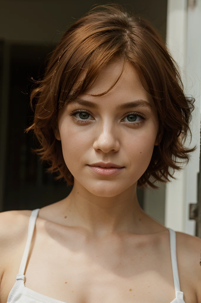 A four year old orange haired girl with short curly hair and green eyes