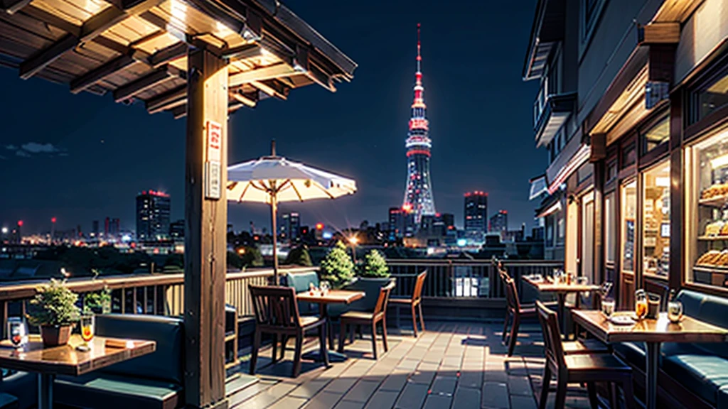 (masterpiece:1.4), (Highest quality:1.4), Very detailed, Complex, Super detailed, Tokyo、City、City of night、Cafe、street tree、4K、8k