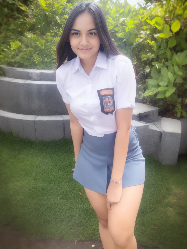 1girl, solo, (uniform), standing, outdoors, cute pose, detailed face, detailed eyes, medium breasts, smooth skin, tight white shirt, blue grey short skirt, looking at the audience, low angle shot,(8k, RAW photo, best quality, masterpiece: 1.2), (realistic, realistic: 1.37), ultra-high resolution