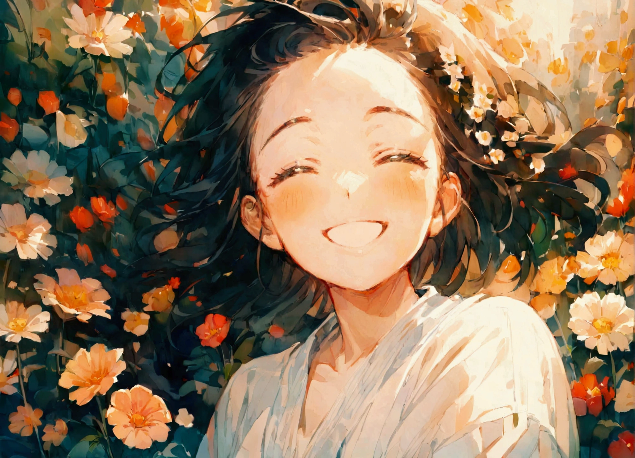 Surrounded by flowers,Flower side,One girl,Upper Body,smile,I'm laughing so hard my eyes are closing,A big smile,Black Hair,long,Shiny Hair