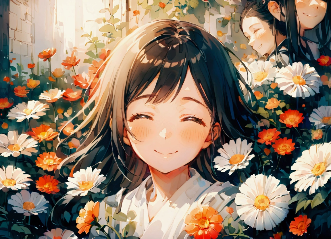 Surrounded by flowers,Flower side,One girl,Upper Body,smile,I&#39;m laughing so hard my eyes are closing,A big smile,Black Hair,long,Shiny Hair