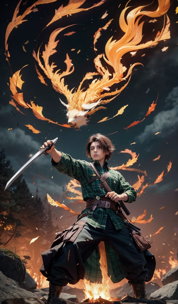 a boy brown hair holding a sword near a fire,Green and black plaid shirt, realistic photo ,cinematic