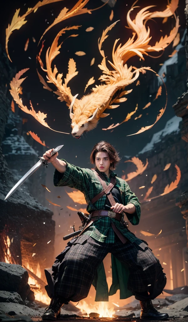 a boy brown hair holding a sword near a fire,Green and black plaid shirt, realistic photo ,cinematic