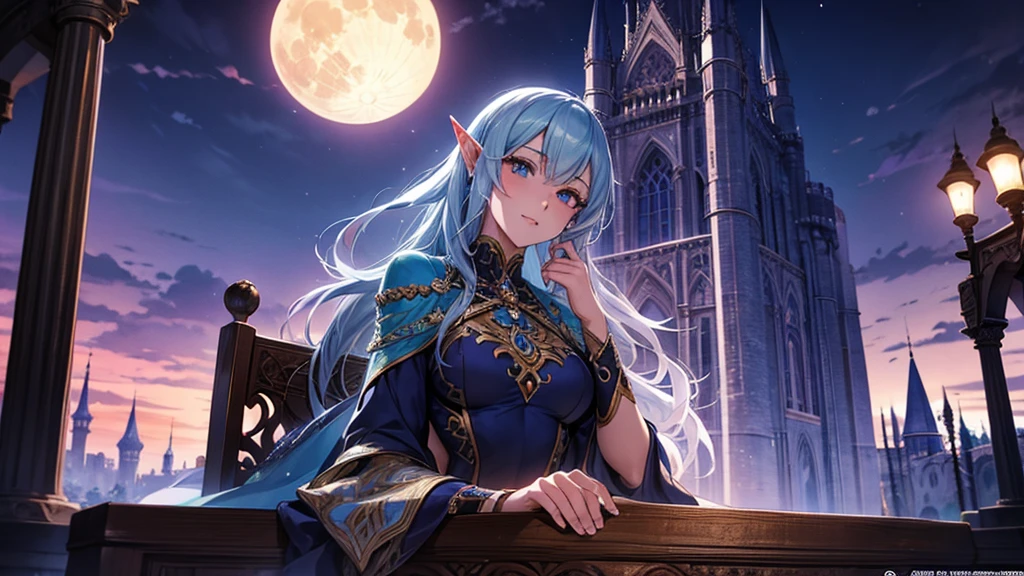 Arabic style portrait of a woman sitting on a bench in front of a castle, night、full moon、neon、Beautiful fantasy anime, Detailed fantasy digital animation, Fantasy anime style, epic Fantasy anime style hd, Detailed fantasy anime, Beautiful and elegant elven queen, 2. 5d cgi anime fantasy artwork, Epic fantasy digital art style, Fantasy-style anime, Very beautiful fantasy art、16：9