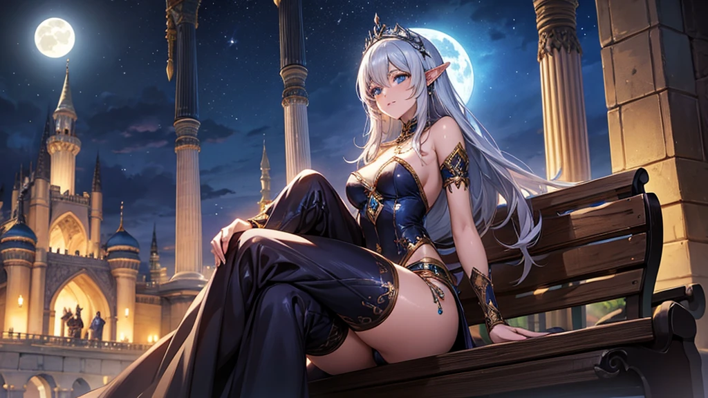 Arabic style portrait of a woman sitting on a bench in front of a castle, night、full moon、neon、Beautiful fantasy anime, Detailed fantasy digital animation, Fantasy anime style, epic Fantasy anime style hd, Detailed fantasy anime, Beautiful and elegant elven queen, 2. 5d cgi anime fantasy artwork, Epic fantasy digital art style, Fantasy-style anime, Very beautiful fantasy art、16：9