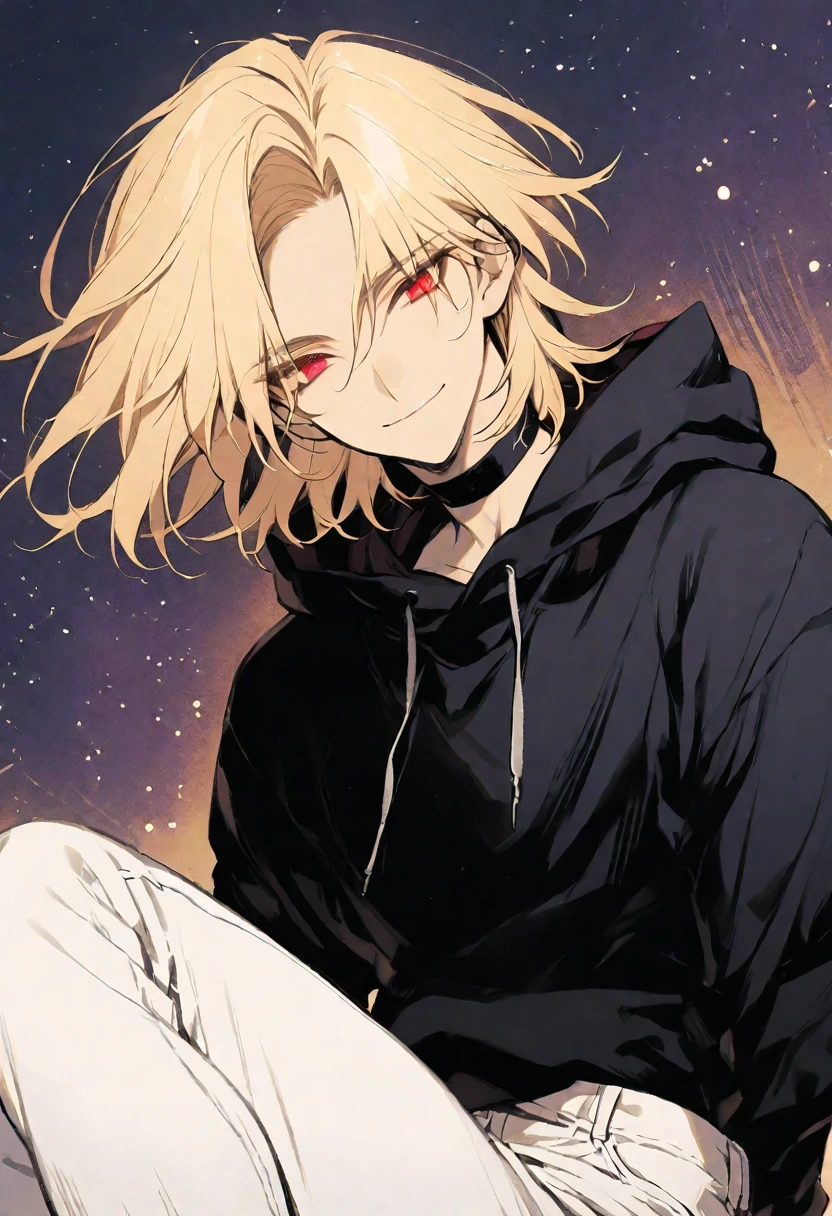Solo,handsome, monotone,
1. male,
,Straight Hair,Bob Hair, Bob hair,
blonde hair, 
Gojo Satoru ,
red Eyes,Soft look,
beautiful,sexly,Darkness,choker,
White Distressed jeans, black hoodie ,smile,
simple background ,
star sky background,