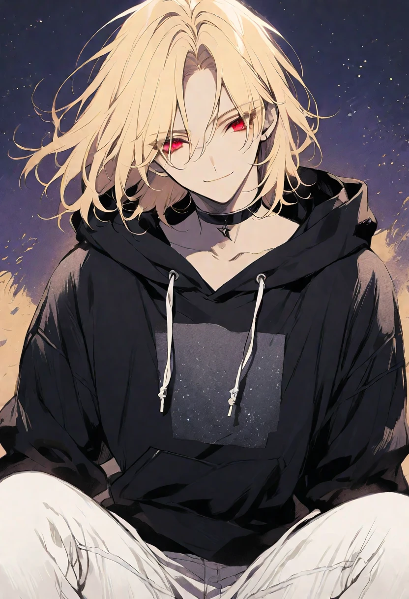 Solo,handsome, monotone,
1. male,
,Straight Hair,Bob Hair, Bob hair,
blonde hair,
Gojo Satoru ,
red Eyes,Soft look,
beautiful,sexly,Darkness,choker,
White Distressed jeans, black hoodie ,smile,
simple background ,
star sky background,