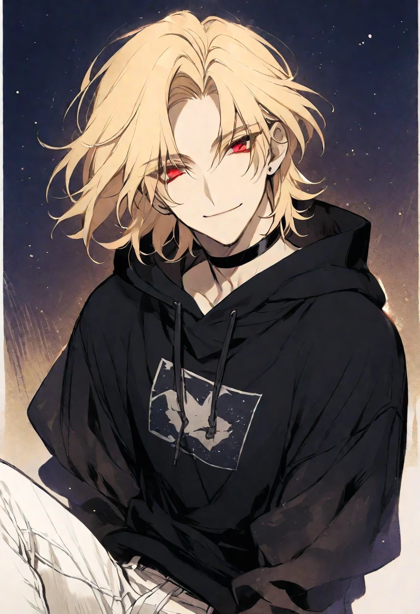Solo,handsome, monotone,
1. male,
,Straight Hair,Bob Hair, Bob hair,
blonde hair,
Gojo Satoru ,
red Eyes,Soft look,
beautiful,sexly,Darkness,choker,
White Distressed jeans, black hoodie ,smile,
simple background ,
star sky background,