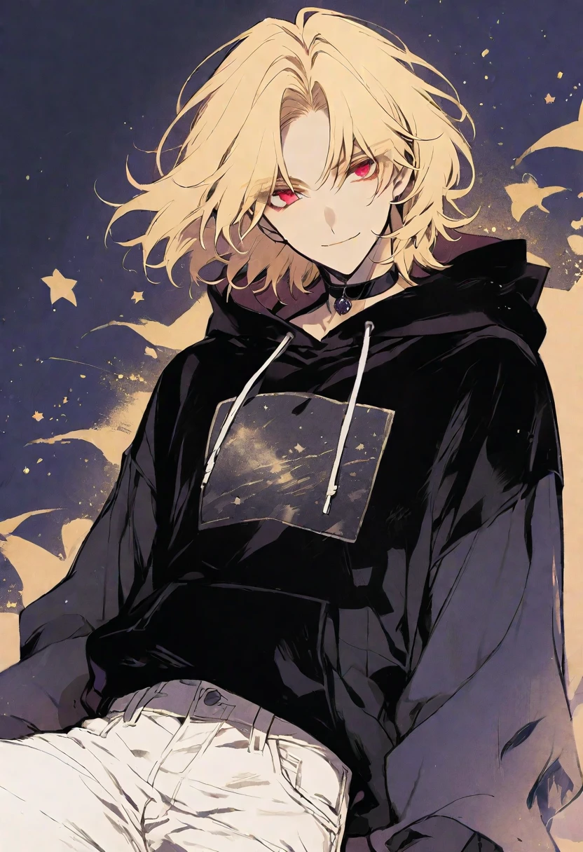 Solo,handsome, monotone,
1. male,
,Straight Hair,Bob Hair, Bob hair,
blonde hair,
Gojo Satoru ,
red Eyes,Soft look,
beautiful,sexly,Darkness,choker,
White Distressed jeans, black hoodie ,smile,
simple background ,
star sky background,