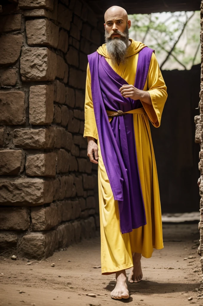 Bald slim biblical character with violet beard dressed in yellow robe barefoot walking around Noah&#39;s ark 