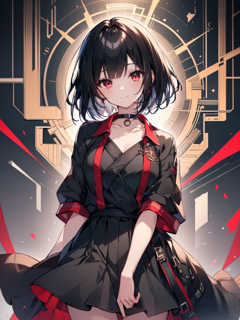 (masterpiece, highest quality, highest quality, (No text), Beautiful and aesthetic:1.2),No text,アニメ、BREAK,One Girl,Black Hair Girl short hair older sister choker Beautiful eyes Red eyes cool smile Red and Black Black jacket mini skirt whole body In town
