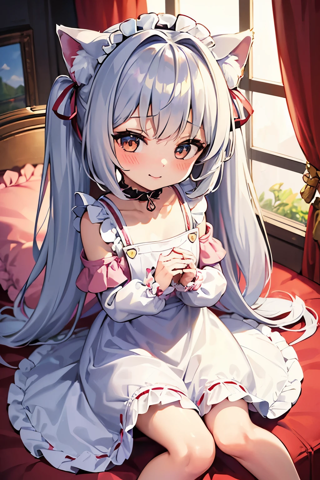 1girl, (, chibi, toddler, 6yo:), masterpiece, best quality, very aesthetic, absurdres, perfect anatomy, 8k, dynamic pose, dynamic angle, Fine-textu, no lineart, A high-quality, highly detailed, and textured anime illustration featuring a very small silver cat girl. She has silver twintail, silver cat ears, a silver cat tail, and large brown eyes. (She is wearing a white pinafore dress with multiple layers of frills, white panty:1.2), Her hair is adorned with a pink ribbon. She is siting on bed in bright bedroom, The scene is filled with vibrant colors and a cheerful atmosphere.Multiple layers of ruffles, Lace fabric, Very textured costumes, Lots of frills, Massive amounts of frills and lace, (sitting, barefoot, pantyshot, knees to chest, Hugging own legs:1.3), smile, (show off panty, slave, choker, collar, attached to a collar:1.2)