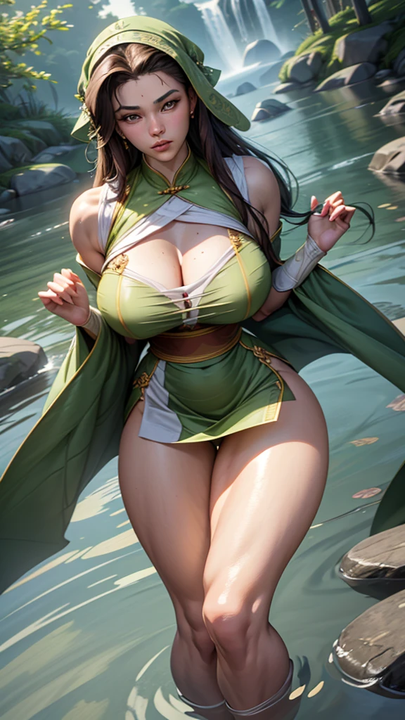 A typical Chinese beauty, wearing a veil that reveals only a pair of extremely beautiful eyes, with long, straight, and soft hair, dressed in traditional Chinese attire made of green silk, lies on the water, causing ripples to spread in circles.Highest image quality:1.35), high quality, (8k:1.3), Realistic photos, (A beautiful woman:1.33), (Muscular body:1.2),(Depth of field/1.8), (looking at camera:1.35), Clear focus, (Muscular thighs:1.4), Original Photography, (Stroboscopic photography:1.5), Super Detail, High Detail, high quality, high resolution, (From head to knees:1.4), Masterpiece of art, exquisite work, high quality, and realistic details,which are both sexy and bold, showcasing her confidence and charm.thick thighs,fleshy thighs,revealing her thighs,big natural breasts,huge round breasts,busty mature woman,supermodel figure,perfect body,