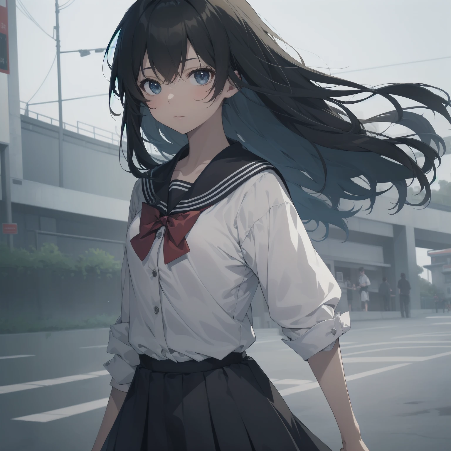 ultra-absurdres-Top quality by artist God, ultra-detailed, high resolution, anime moe artstyle, best anime 8k konachan wallpaper, pixiv contest winner, pool:2810, perfect anatomy,break, 1girl, (Please draw a girl walking sleepily to school alone. )break,(Solo,little female, 13-year-old:1.3),Full limbs, complete fingers,a junior high school student, (very short hair), short cut, flat chest, , small butt, small black eyes, beautiful detailed eyes, well-proportioned iris and pupils, expressive eyes, highres detailed hair, soft expression, salor school_uniform, sailor collar, serahuku, bow, pleated skirt,(Detailed Lighting), (Detailed background), in the School commute route. break,super detailed skin, Best cinematic lighting powered by famous artist, 8k,beauty illustration,photoshop_(medium),very aesthetic,break,((artist:beni_shake )), artist:clamp ,artist:carnelian ,artist:kantoku ,