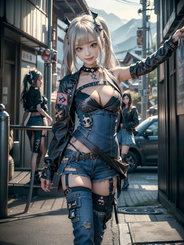 (Beautiful lips and nose:1.4)、(Long eyelashes:1.4)、(Smiling with teeth showing:1.3),(Shibuya Gal:1.5)、(Gothic Lolita delicately decorated dress:1.5)、(Tattered denim and black punk rock cargo pants:1.5)、(Denim and black navy skull mark small jacket:1.4)、(denim garter belt:1.5)、(Black and denim knee socks:1.3)、(Skull Silver Accessories:1.5)、(Denim collar:1.3)、(Brown Skin Belt:1.4)、(Brown boots:1.2)、(The underwear is striped:1.4)、31 years old、((Highest quality、In 8K、masterpiece:1.3))、Sharp focus:1.2、(Layered Cut、Huge boobs:1.1),Beautiful woman with perfect figure:1.4、(Dancing vigorously:1.3)、Slender Abs:1.2、Highly detailed face and skin texture、Detailed eyes、double eyelid,(Twin tails:1.3)、(Cream colored hair:1.3)、Gravure idol、(The background is a vast mountain with a clear view々Beautiful luxury resort destination in Europe:1.3)、(Slim Body:1.2),(Make your legs thinner:1.4),(clavicle:1.1)
