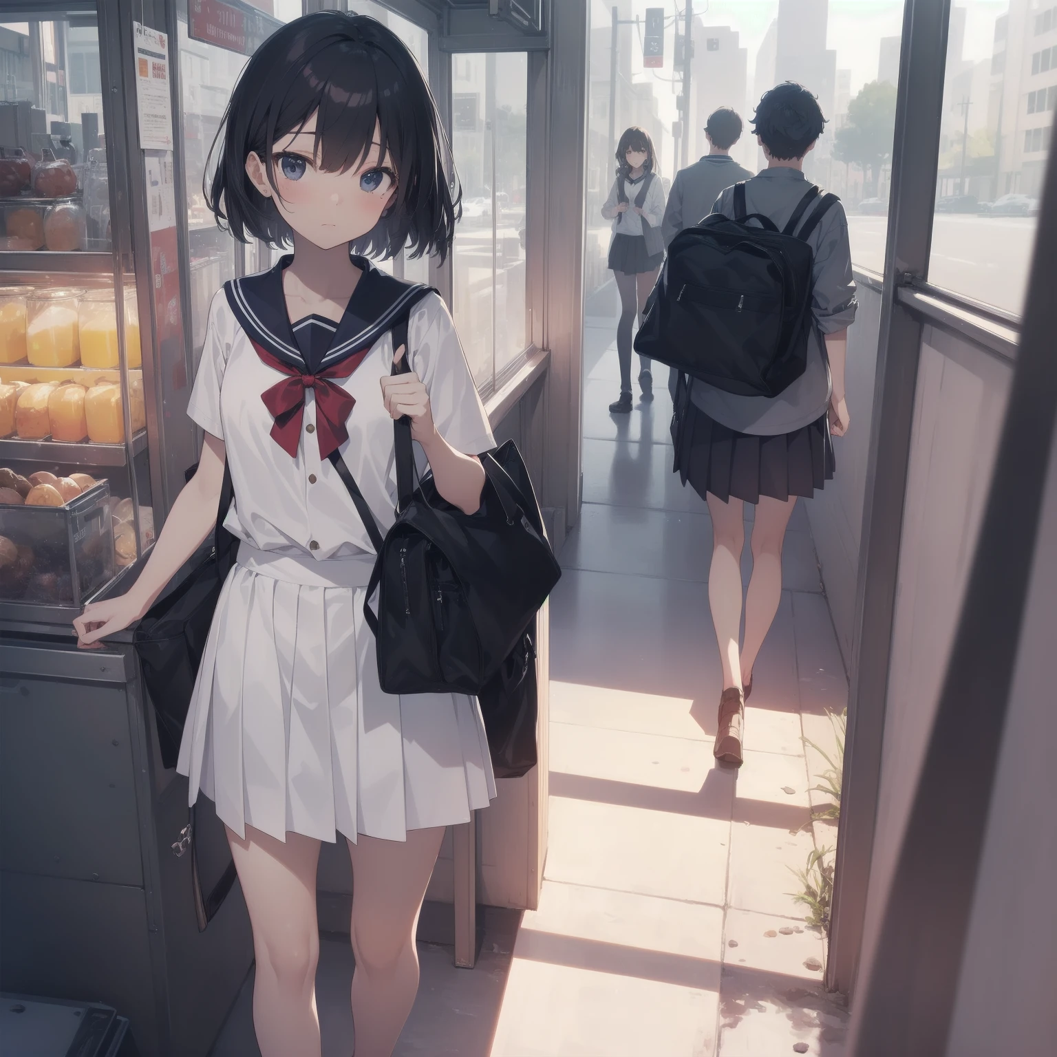 ultra-absurdres-Top quality by artist God, ultra-detailed, high resolution, anime moe artstyle, best anime 8k konachan wallpaper, pixiv contest winner, pool:2810, perfect anatomy,break, 1girl, (Please draw a girl walking sleepily to school alone. )break,(Solo,little female, 13-year-old:1.3),Full limbs, complete fingers,a junior high school student, (very short hair), short cut, flat chest, , small butt, small black eyes, beautiful detailed eyes, well-proportioned iris and pupils, expressive eyes, highres detailed hair, soft expression, salor school_uniform, sailor collar, serahuku, bow, pleated skirt,(Detailed Lighting), (Detailed background), in the School commute route. break,super detailed skin, Best cinematic lighting powered by famous artist, 8k,beauty illustration,photoshop_(medium),very aesthetic,break,((artist:beni_shake )), artist:clamp ,artist:carnelian ,artist:kantoku ,